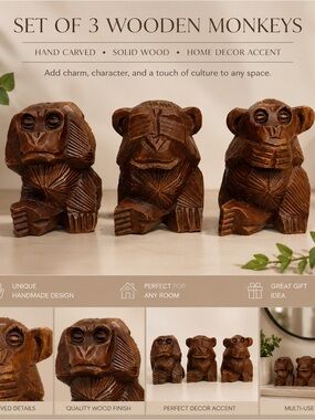 Hand Carved Wooden 3 wise monkeys  Trio - Brown